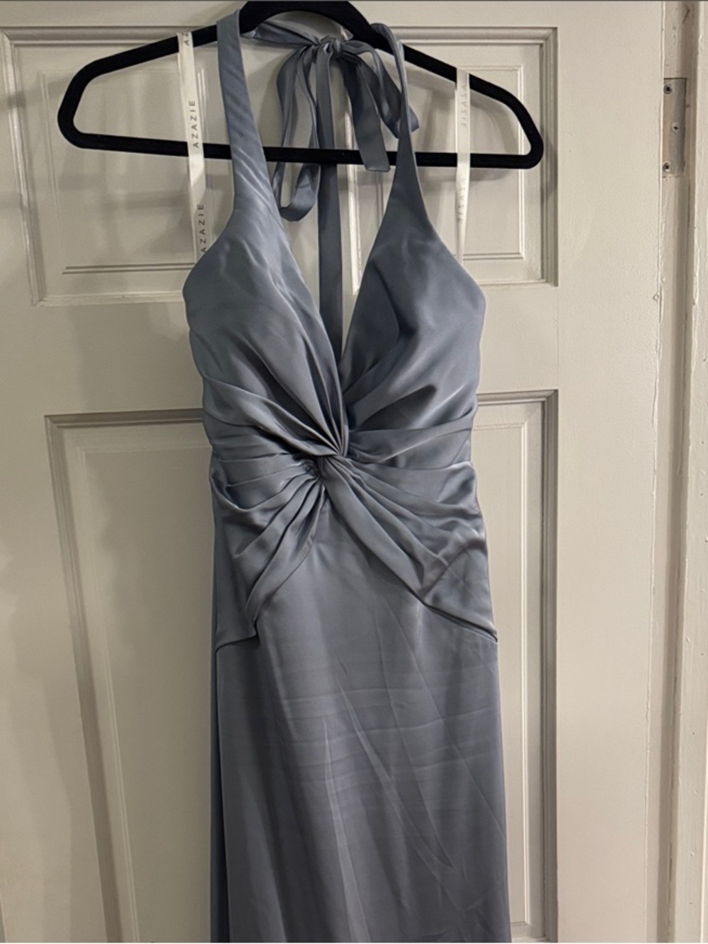 Azazie Slate Blue Halter Twist Maxi Dress
